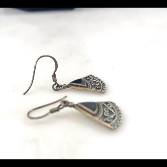 Vintage 925 Silver & Onyx Fan Shape Drop Earrings - Picture 4 of 7